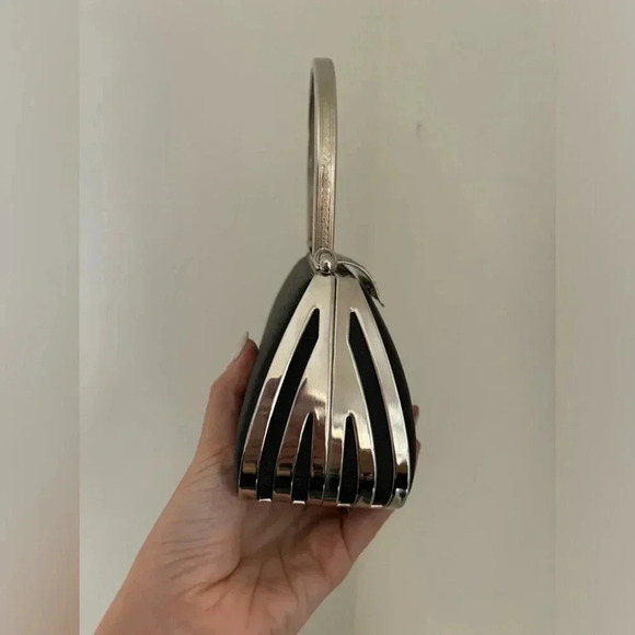 Vintage Hard Shell Evening Purse with Jeweled Clasp and Chain - Picture 4 of 11